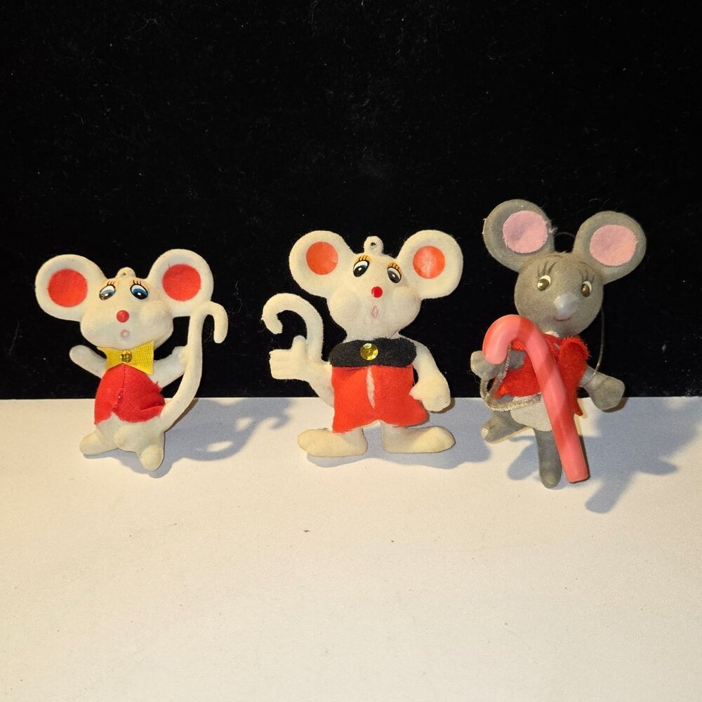 3 vintage Flocked Mice Mouse Christmas Ornaments
